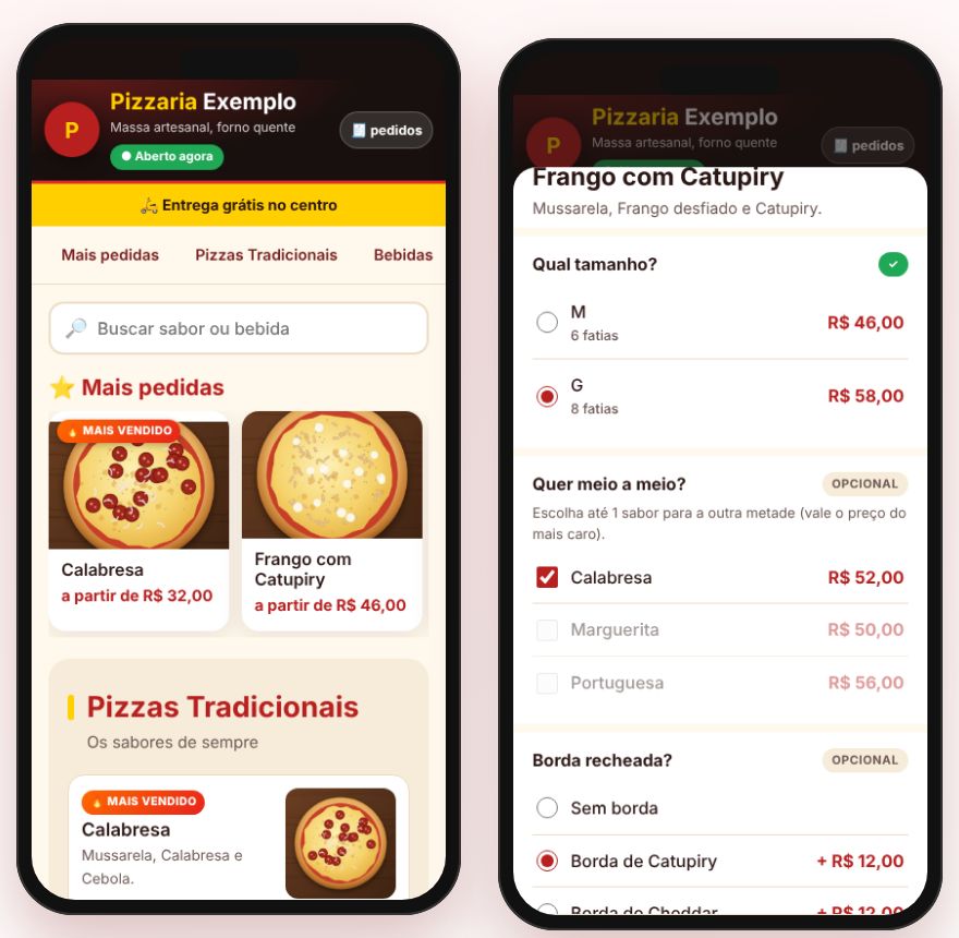 Cardápio Online do PizzaControl no celular: sabores com foto e a tela de montar a pizza com meio a meio e borda